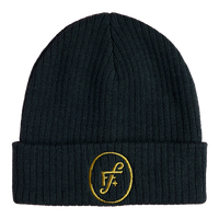 Black beanie hat with gold FF logo.