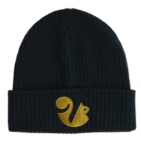 Black beanie hat with gold squirrel logo.