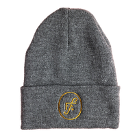 Gray beanie hat with gold FF logo.