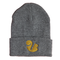 Gray beanie hat with gold squirrel logo.