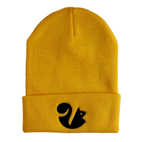 Gold beanie hat with black squirrel logo.