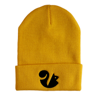 Gold beanie hat with black squirrel logo.