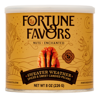 8 ounce can of Fortune Favors Sweater Weather spiced and sweet candied pecans
