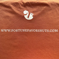 back of t-shirt print showing squirrel logo and company website