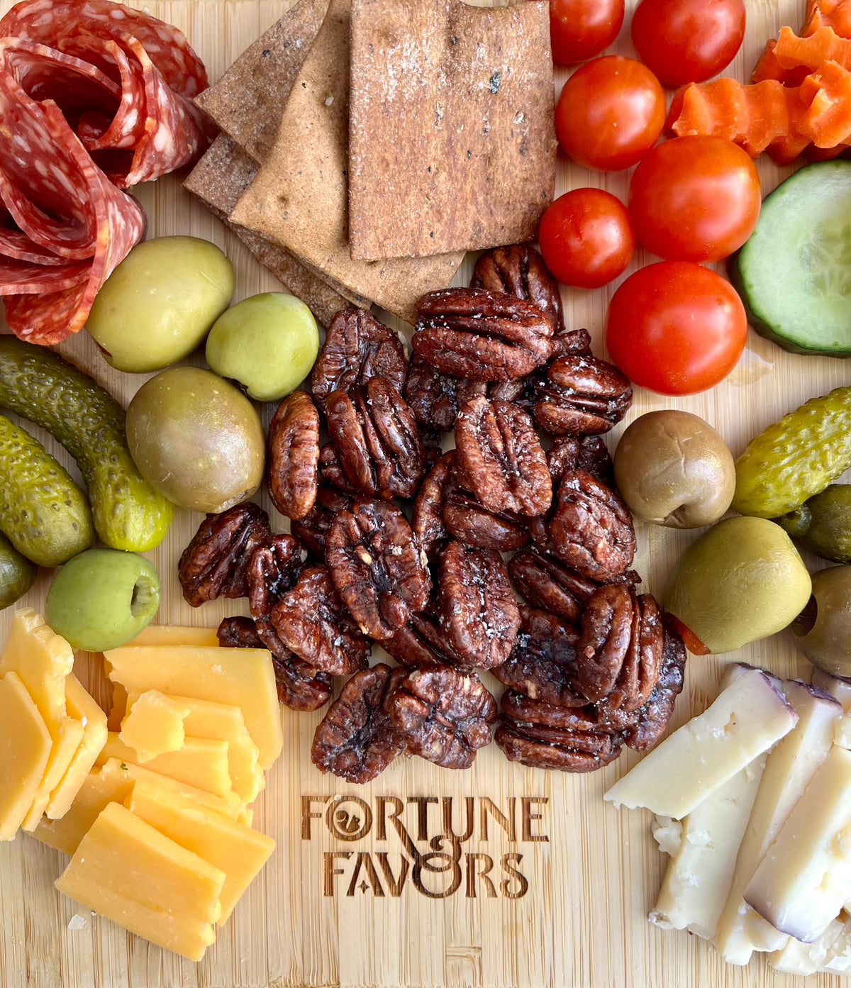 Fortune Favors The Classic on Charcuterie Board with olives, pickles, cheese and veggies
