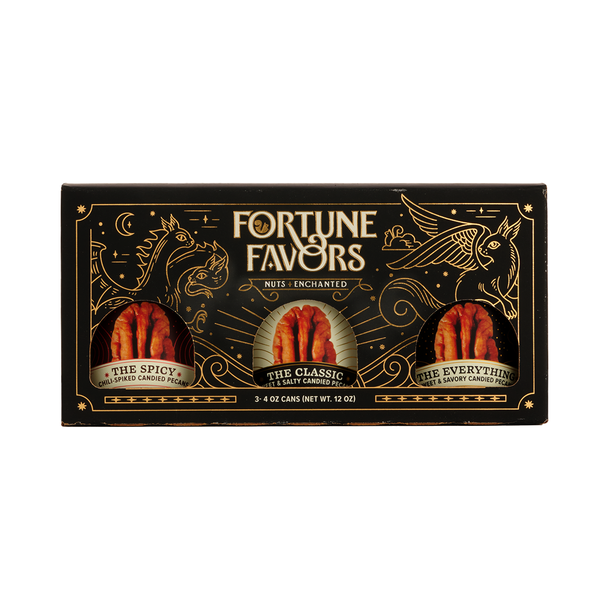 Black and gold sampler gift pack containing three 4 ounce cans of Fortune Favors candied pecans, one of each signature flavor.