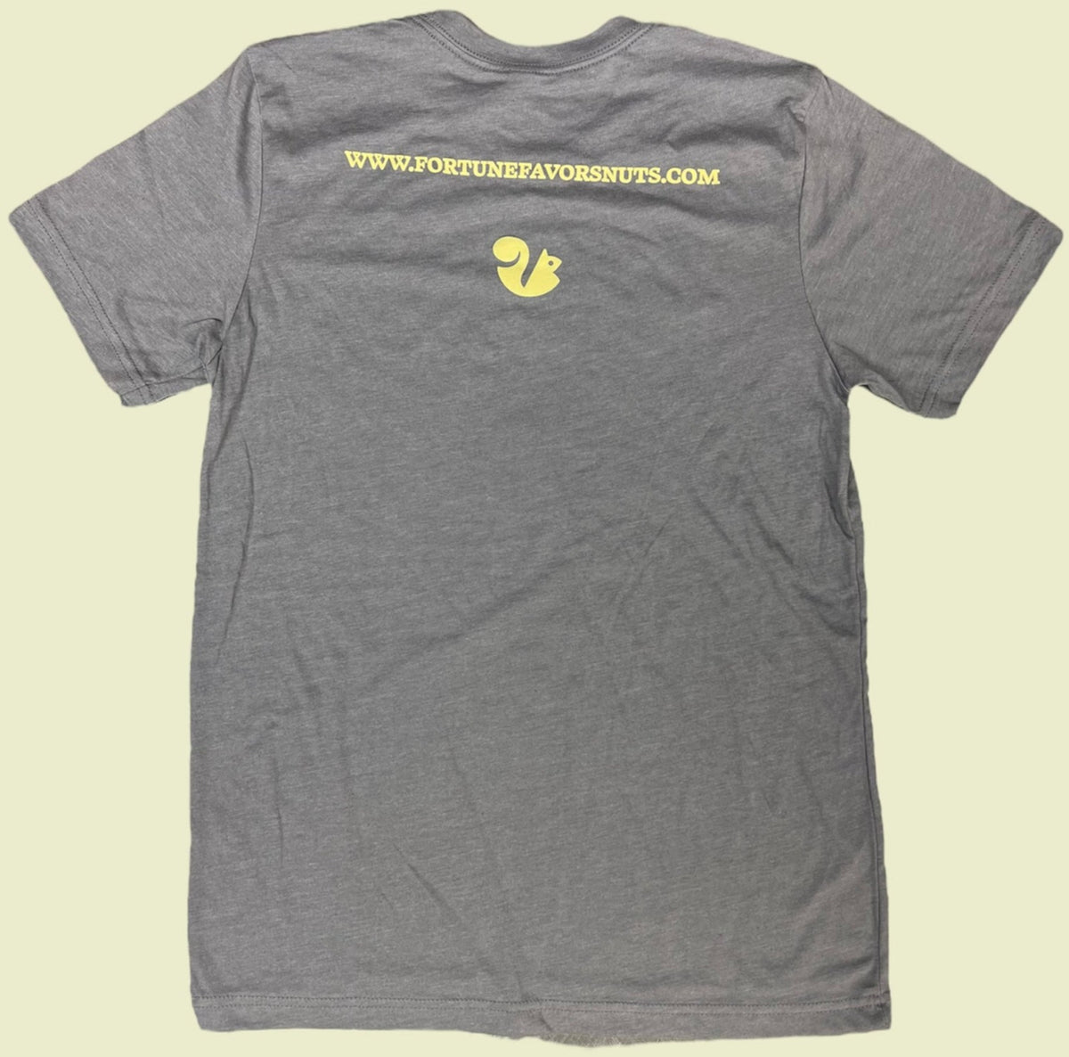 Back of Gray Tee with www.fortunefavorsnuts.com logo and squirrel icon