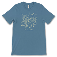 blue t-shirt with squirrel unicorn character and "The Classic" text printed on the front