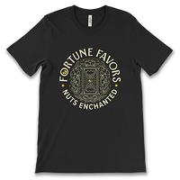 black t-shirt with FORTUNE FAVORS, NUTS ENCHANTED text and hourglass design printed on the front