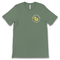 green t-shirt with Fortune Favors logo and "nuts enchanted" tagline and squirrel logo on upper left